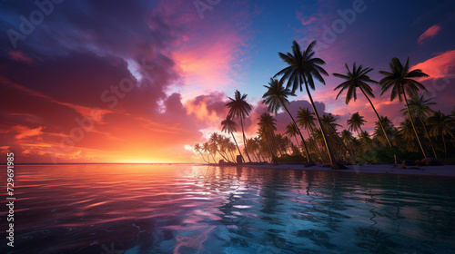 Beautiful Caribbean colorful sunset scenery on realistic sea beach background, tropical sunset beach, palm trees © s1pkmondal143