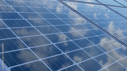 Half-cut solar panels with clouds reflection
