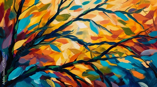 Vibrant Painting of Tree With Colorful Leaves, Natures Brilliant Artwork.