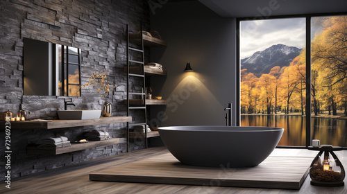 Modern luxury master bathroom interior design with black fixtures, marble tile bathroom and yellow light © s1pkmondal143