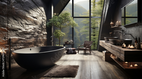 Modern luxury master bathroom interior design with black fixtures Image