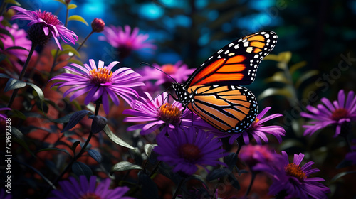 Monarch colorful butterfly sitting on blooming purple aster flower in the garden, butterfly feeding