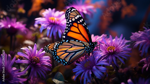 Monarch colorful butterfly sitting on blooming purple aster flower in the garden, abstract butterfly flying on summer flowers