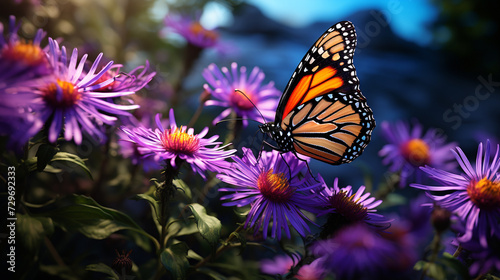 Butterfly feeding on flowering plants, Monarch colorful butterfly sitting on blooming purple aster flower in the garden