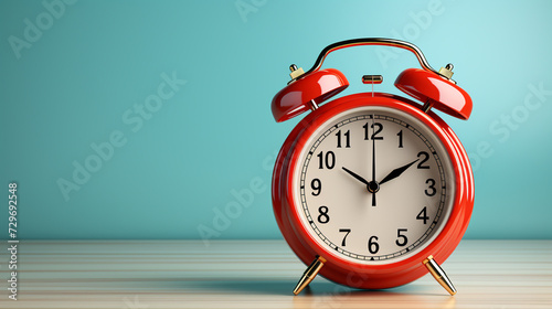 Vintage red alarm clock on a blurred blue background, Red twin bell, Red table clock