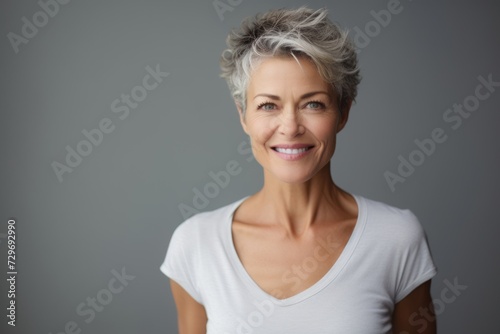 Portrait of a smiling mature woman with short gray hair  isolated on grey background