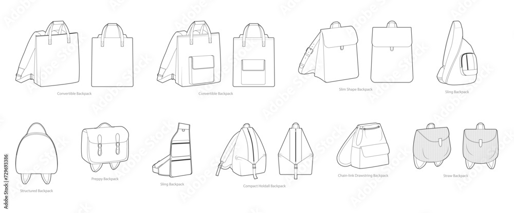 Set of novelty backpacks silhouette bags. Fashion accessory technical illustration. Vector schoolbag front 3-4 view for Men, women, unisex style, flat handbag CAD mockup sketch outline isolated - obrazy, fototapety, plakaty 