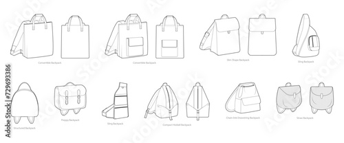 Set of novelty backpacks silhouette bags. Fashion accessory technical illustration. Vector schoolbag front 3-4 view for Men, women, unisex style, flat handbag CAD mockup sketch outline isolated
