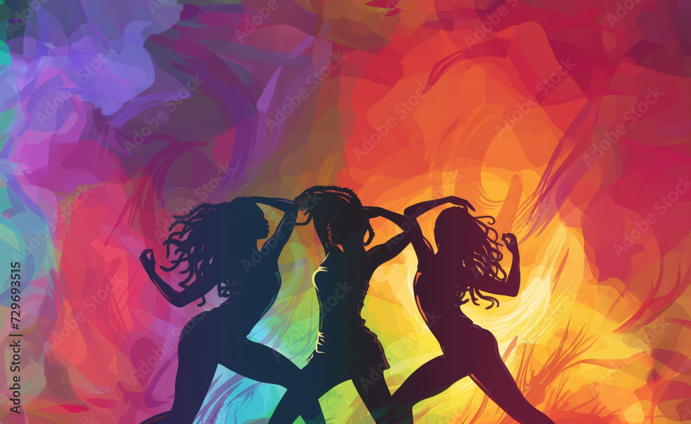 Three dancing girls silhouettes in motion on of bright, multicolored waves background, wild crazy dance party. Expressive Illustration of dancers. Perfect for a party banner.