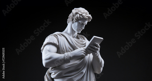 Athletic male is using his smartphone on black background. Greek marble statue holding mobile. Modern Antiquity. Connected Through Ages. photo