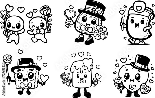 Collection of six cute characters like hearts, ice creams and toasts in vector lineart cartoon coloring book style