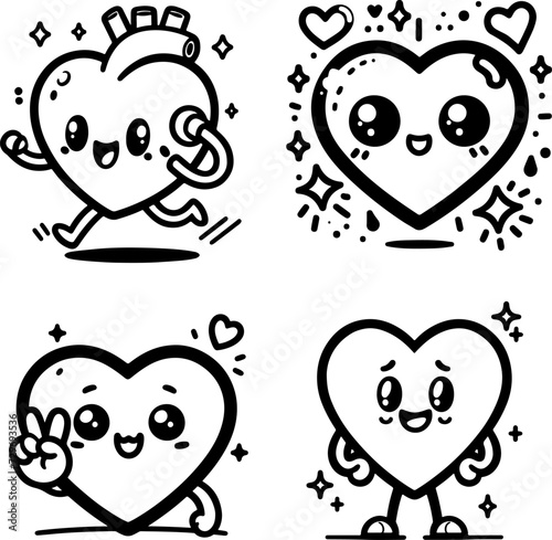 a collection of 4 cute hearts celebrating love and happiness in vector lineart cartoon coloring book style