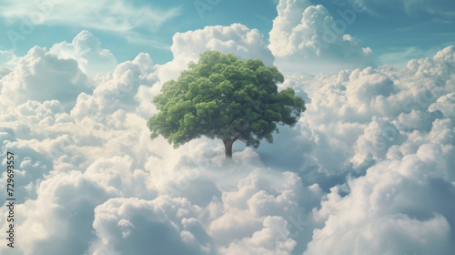 Alone tree grows from fluffy clouds. The sky, white clouds, tree stand out in the middle of a fluffy clouds.