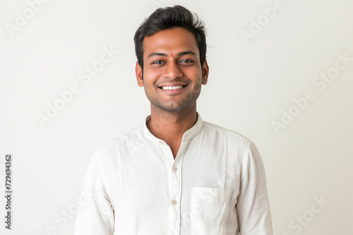 man 30 years old on a white background in casual modern clothes, his nationalitie is Brahmin (India), the characteristic features of appearance for the Brahmin (India) © Enrique