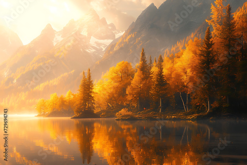 mountain in autumn on the water with trees to the sid