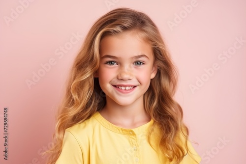 Portrait of a beautiful little girl with long blond hair on a pink background © Igor