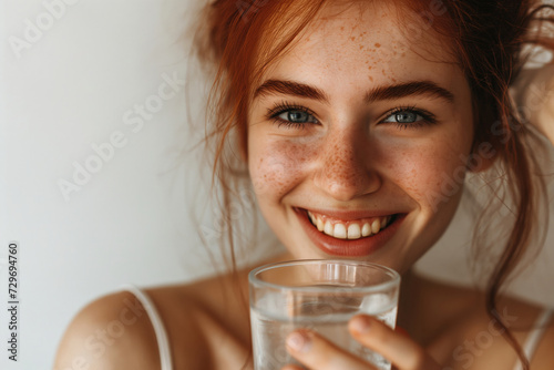 woman with red hair drinking a glass of water