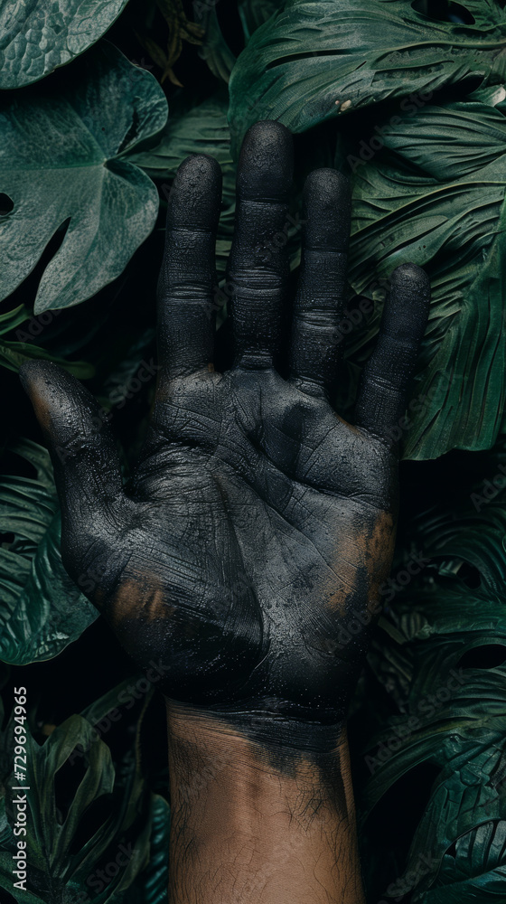 Persons Hand Covered in Black Paint