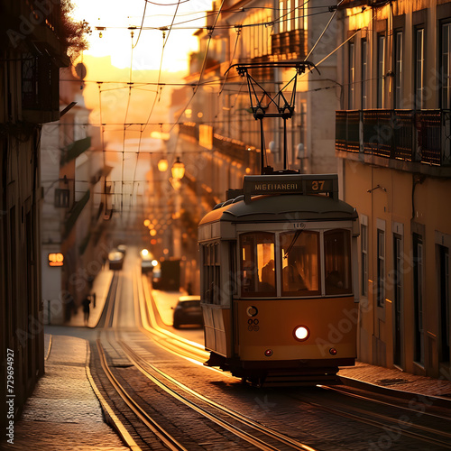 Fotografering Historic quarter in the golden hour avintage tram withstone archways and balconi