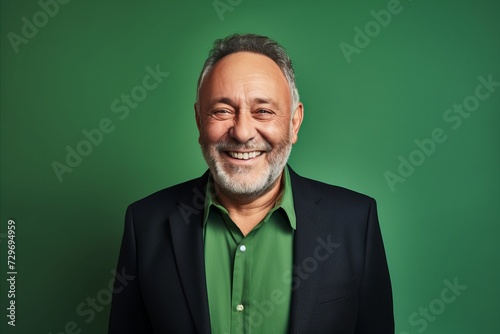 Portrait of a smiling senior man with grey hair and beard standing against green background.
