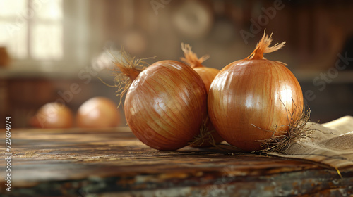 Two Onions Sitting on Top of a Wooden Table, A Simple and Wholesome Still Life Composition