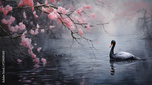 willow branches and black swan on the lake in spring