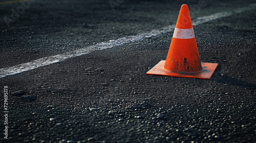 Orange Traffic Cone on Side of Road, Safety Equipment for Road Construction and Maintenance