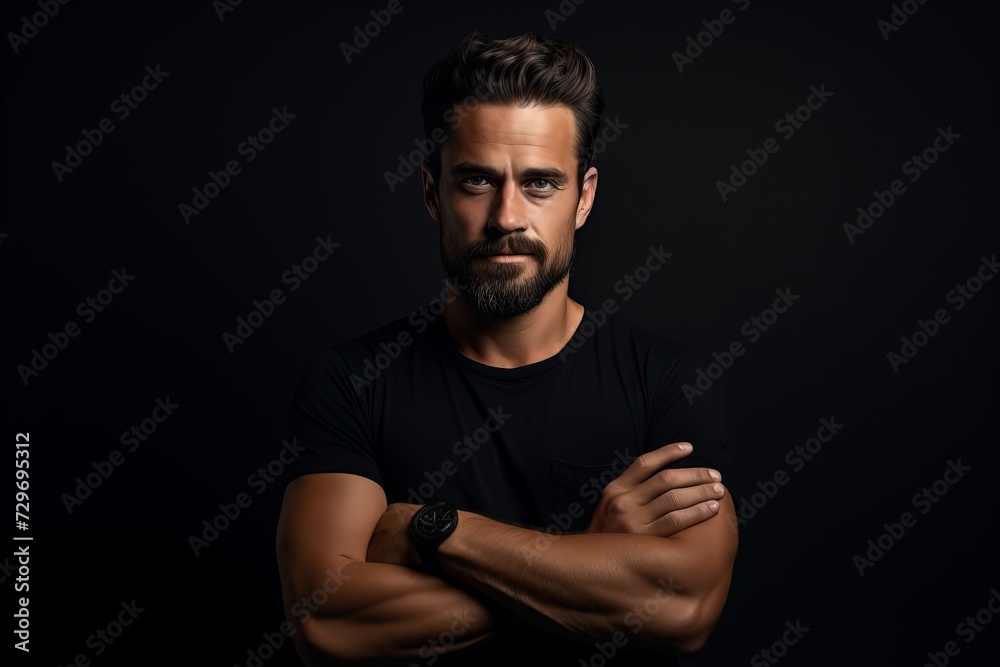 Handsome bearded man in black t-shirt with crossed arms.