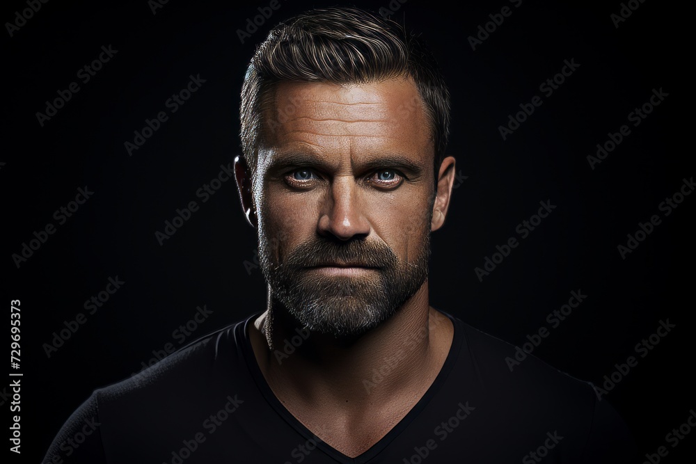 Portrait of a handsome man with a beard on a black background.