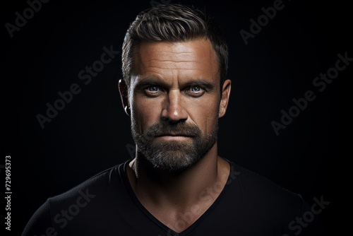 Portrait of a handsome man with a beard on a black background.