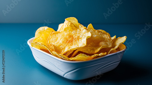 Bowl of Potato Chips on Blue Surface