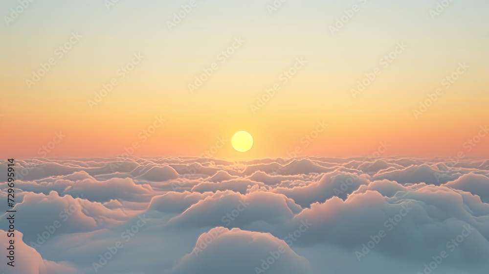 Beautiful aerial view above the clouds at sunset. 3d rendering