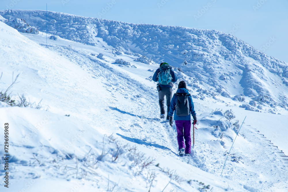 雪山を歩く二人