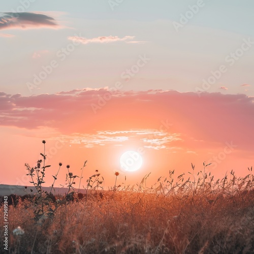 Sunset over a field with grass and flowers. Nature background.