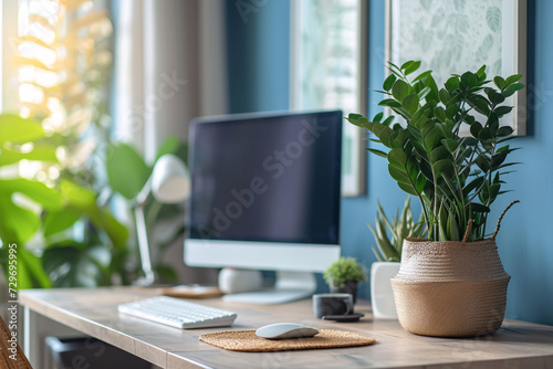 Minimalist Scandinavian Interior Home Office Room, Home Workstation Table Chair, Desk and Frame Interior Home living Room, Minimalist Scandinavian Plants Vase and Frame on wall sunlight from window