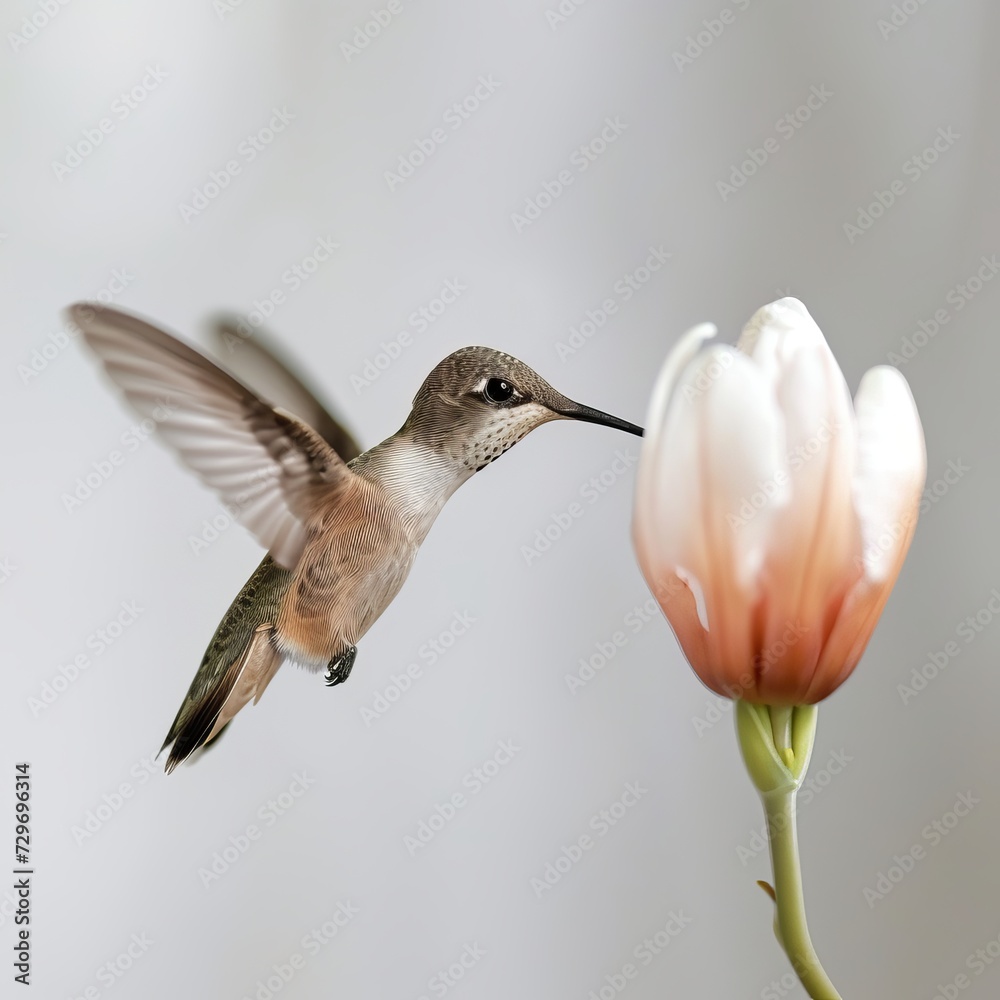 Ruby-throated Hummingbird (archilochus colubris) in flight with a flower