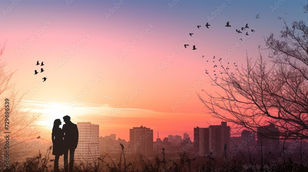 Naklejka premium Romantic couple on the roof at sunset. Silhouette of a man and a woman on the background of the setting sun.