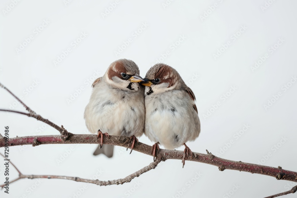 Fototapeta premium Two sparrows sitting on a branch on a white background.