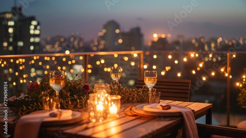 Romantic dinner on the balcony with a view of the city.