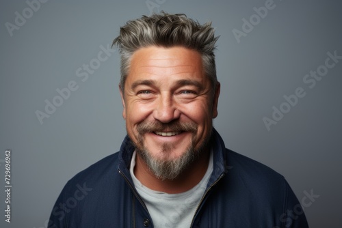 Portrait of a happy middle-aged man with grey hair and beard.