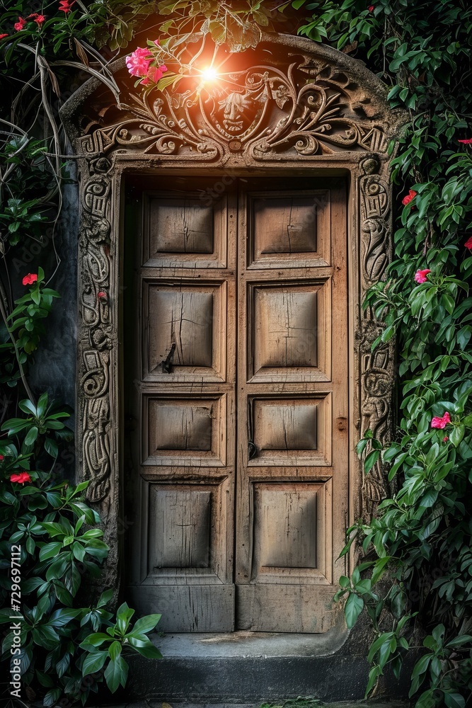Wooden door in the garden with red flowers and green leaves. Wooden door in the garden with red flowers and green leaves.