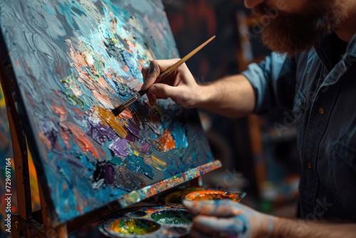 male artist paints a dark oil painting