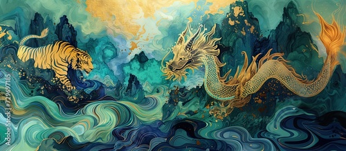 dragon and tiger, Year of the Dragon, Lunar New Year, Spring Festival, chinese traditional painting, 3d wallpaper, banner, mountain and river landscape background, gold, blue, green, generative AI photo