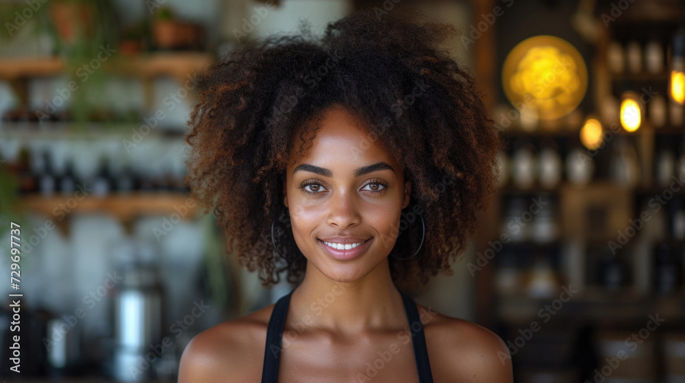 Portrait of a smiling black business woman with curly hair, wearing an apron in a cozy cafe setting. Portrait of a smiling black business woman with curly hair, wearing an apron in a cozy cafe setting.