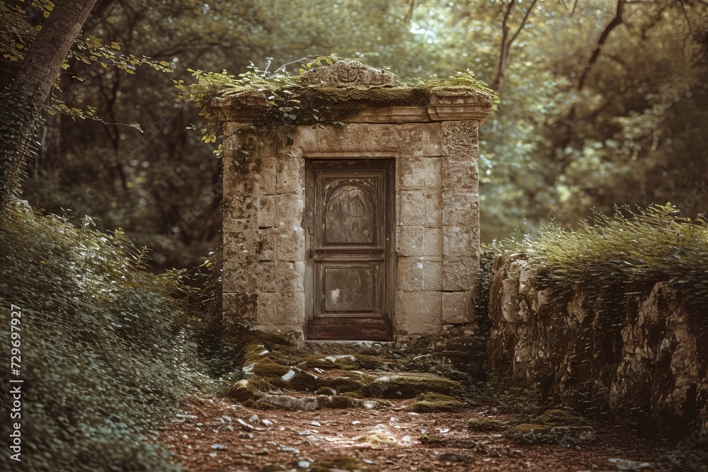 Wooden door in the forest with light from the sun at sunset Wooden door in the forest with light from the sun at sunset