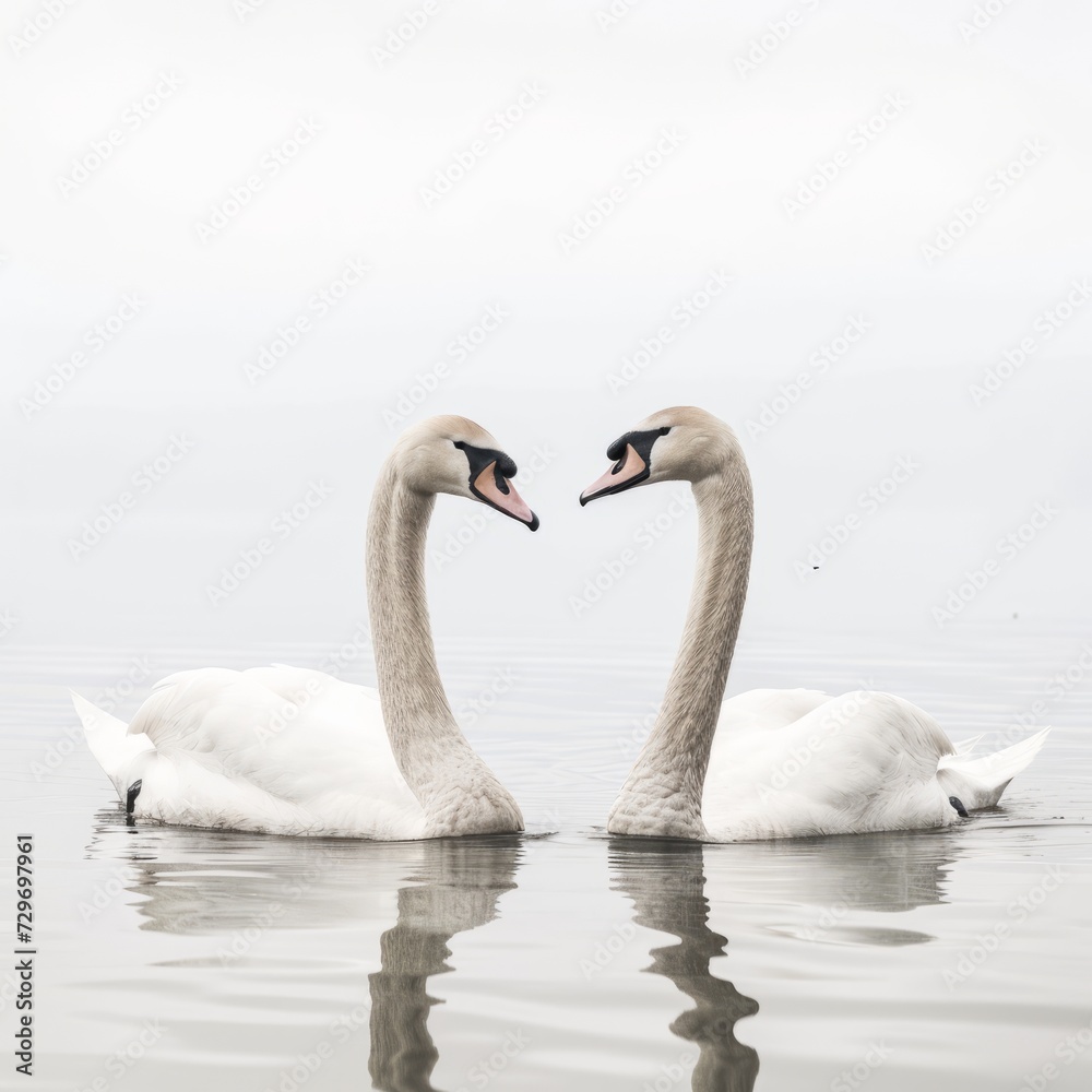 two swans swimming in the lake on a misty day. two swans swimming in the lake on a misty day.