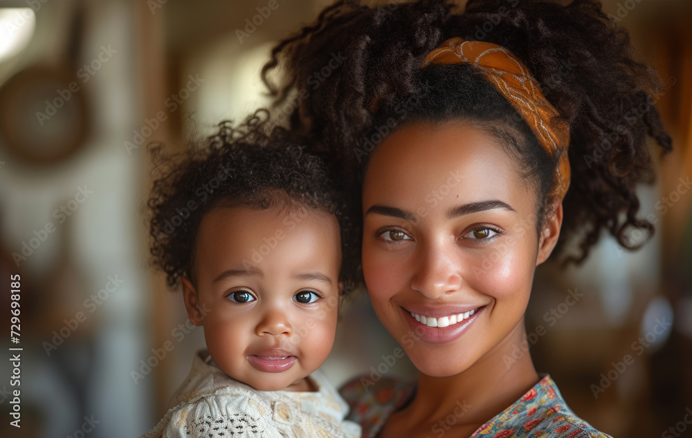 A young African American mother smiles while holding her baby girl A young African American mother smiles while holding her baby girl