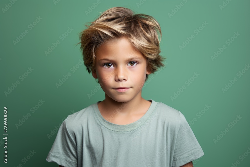Portrait of a cute little boy with blond hair on a green background Portrait of a cute little boy with blond hair on a green background