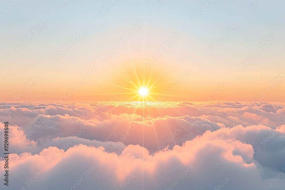 Beautiful aerial view above clouds with sunset. 3d render illustration