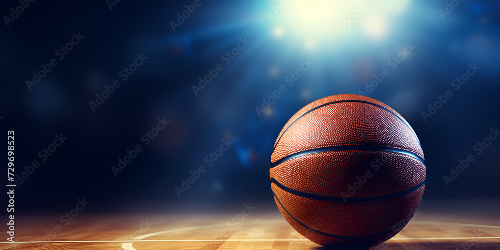 Basketball court, Basketball Championship. 3d render Competitive basketball game under bright orange spotlight, success achieved.